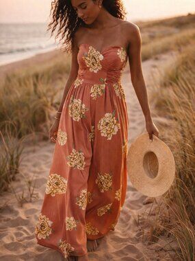 Band of Gypsys Floral Wide Leg Strapless Jumpsuit XS Boho Festival Summer